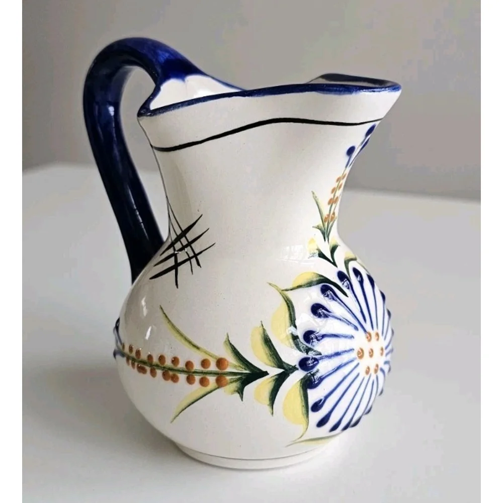 Mexican Ceramic Floral Pitcher | Hand Applied Raised Slip | Signed H Mex Acosta